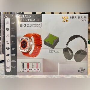 NIB HA40 Ultra 2 Smartwatch with 4 Straps, Rubik’s Cube Audio and Headphones